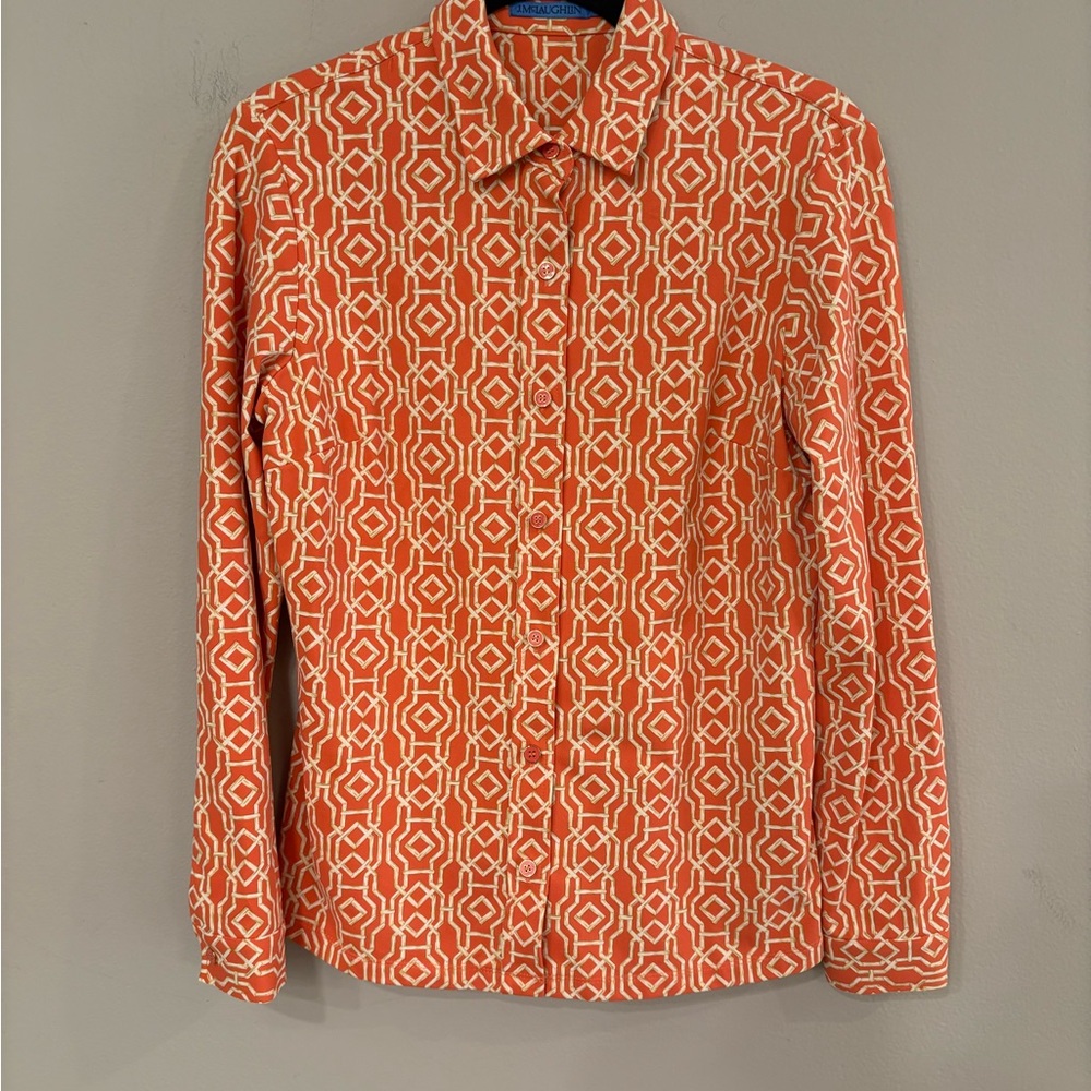 J. McLaughlin Orange & White Med Bamboo Print Shirt in Excellent Condition